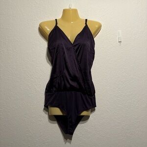 Charlotte Russe Purple Satin Feel Bodysuit Size M Silky Wrap Front Top Spaghetti